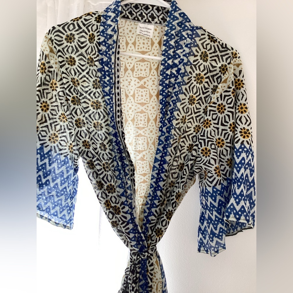 Bohemian Sheer Kimono with Blue and Black Patterns